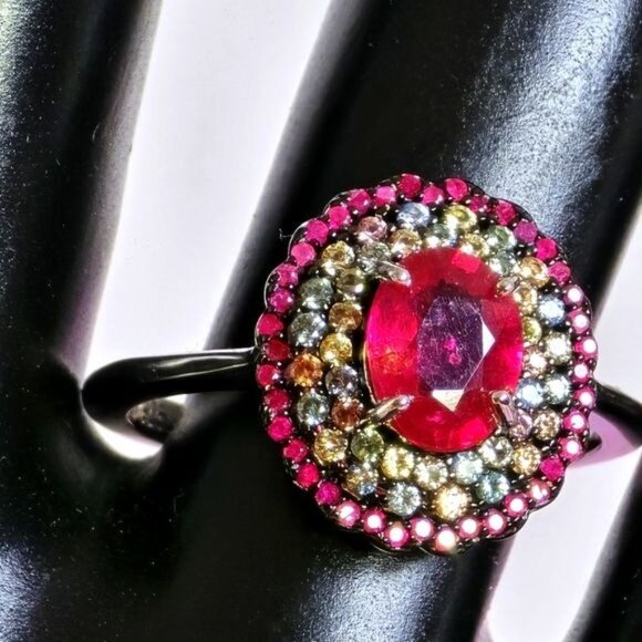 925 Sterling Silver Ring Sz 7.75 with Natural Oval Ruby & Myanmar Sapphire - Picture 3 of 12